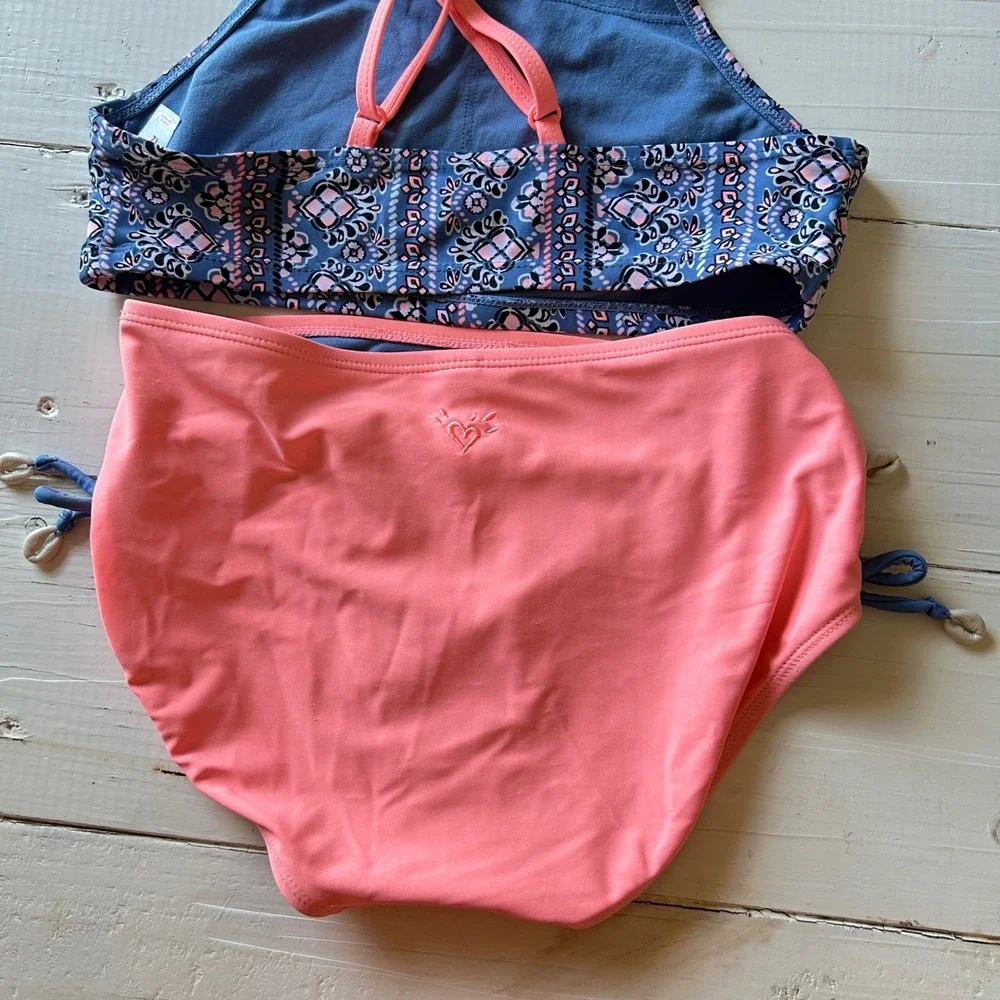 Justice Girls Size‎ 12 High Neck Bikini Set Blue Pink Geometric Medallion Print